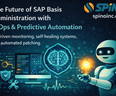 A futuristic digital dashboard showing AI-driven monitoring and predictive automation for SAP Basis administration at Spino Inc.