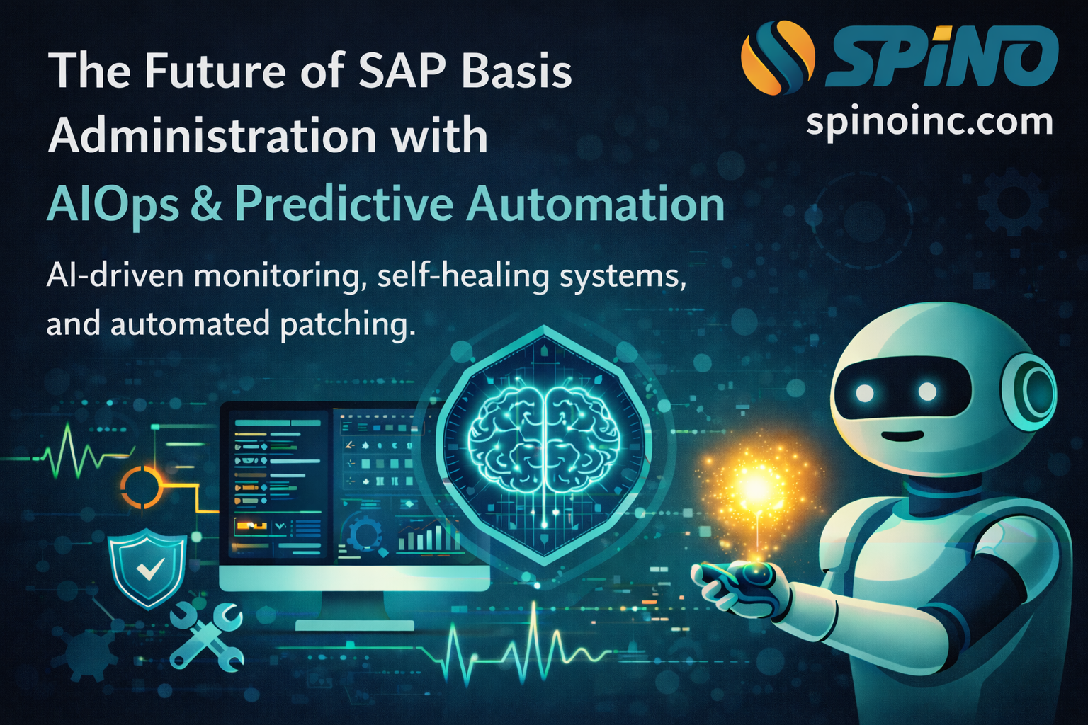 A futuristic digital dashboard showing AI-driven monitoring and predictive automation for SAP Basis administration at Spino Inc.